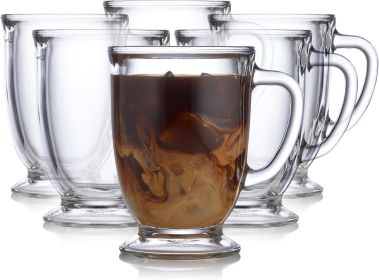 Glass Coffee Mugs Set of 6, Elegant 16 Ounce Clear Tea Cup Set , Dishwasher Safe Glass Mugs with Handles for Tea, Coffee,and Espresso